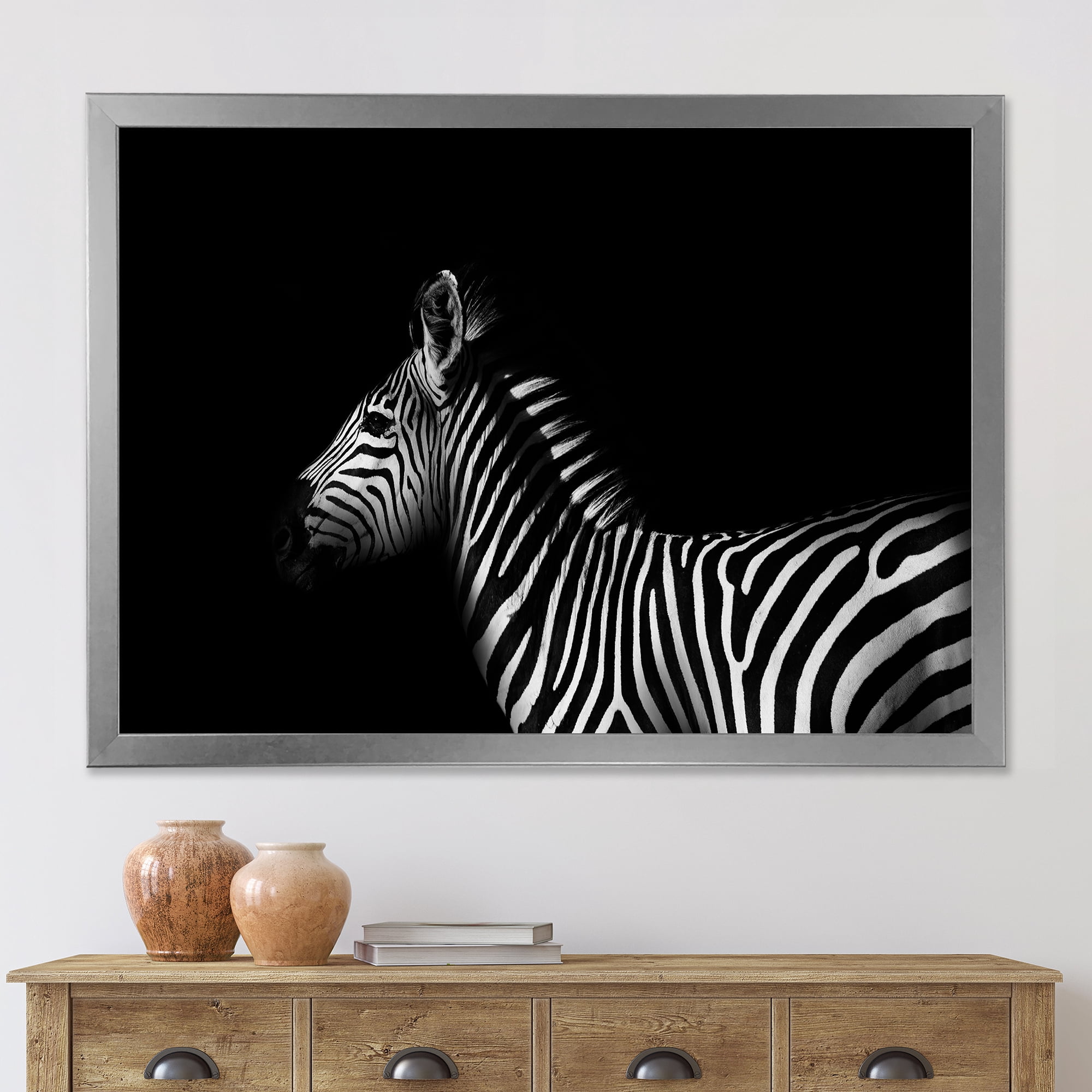 Designart 'Sideview Of Zebra In White and Black' Farmhouse Framed Art Print