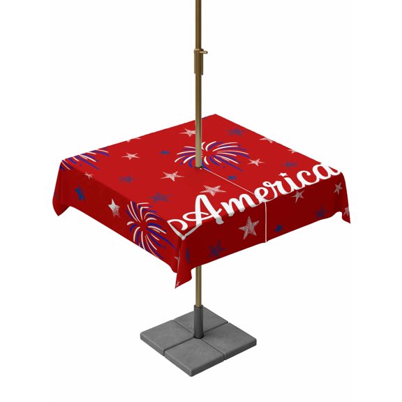 Outdoor Tablecloth with Umbrella Hole, Patriotic Firework on Red Zippered Table Cloth for Rectangle Tables, America Blue White Star Washable Waterproof Tablecloths for Picnic Patio Garden