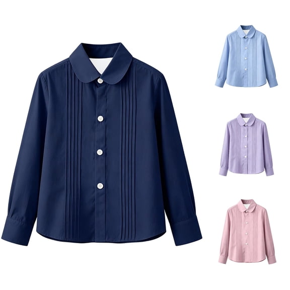 SGMVNU School Uniform for Girls Boys Long Sleeve Pleated Dress Shirt Lapel Collar Button Down Blouse Spring Fall, Size 13-14 Years, Navy
