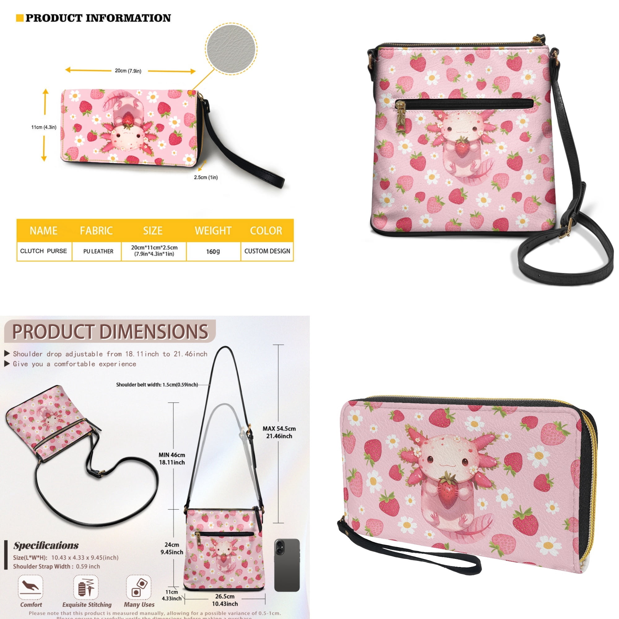 ZUXONGSY Axolotl Strawberry Print Trendy Crossbody Handbag & Wallet Set for Women, PU Leather Hobo Purse with Multi-Pockets, Adjustable Strap