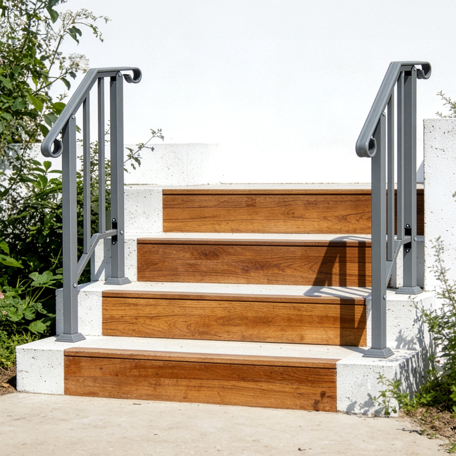 Silver Galvanized Iron Single Step Outdoor Stair Handrail Weather Resistant Anti-Rust Porch Step Safety Railing With Full Installation Hardware