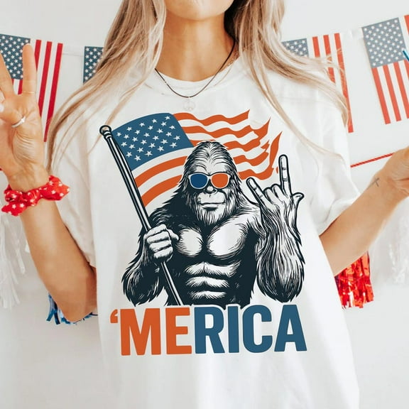 Bigfoot Merica Shirt, Patriotic Sasquatch T-Shirt, Rock Flag 4th of July Tee, American Pride Gift, Funny Independence Day Shirt