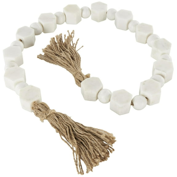 DecMode Handmade Hexagon White Marble Garland with Tassel with Knotted Brown Jute