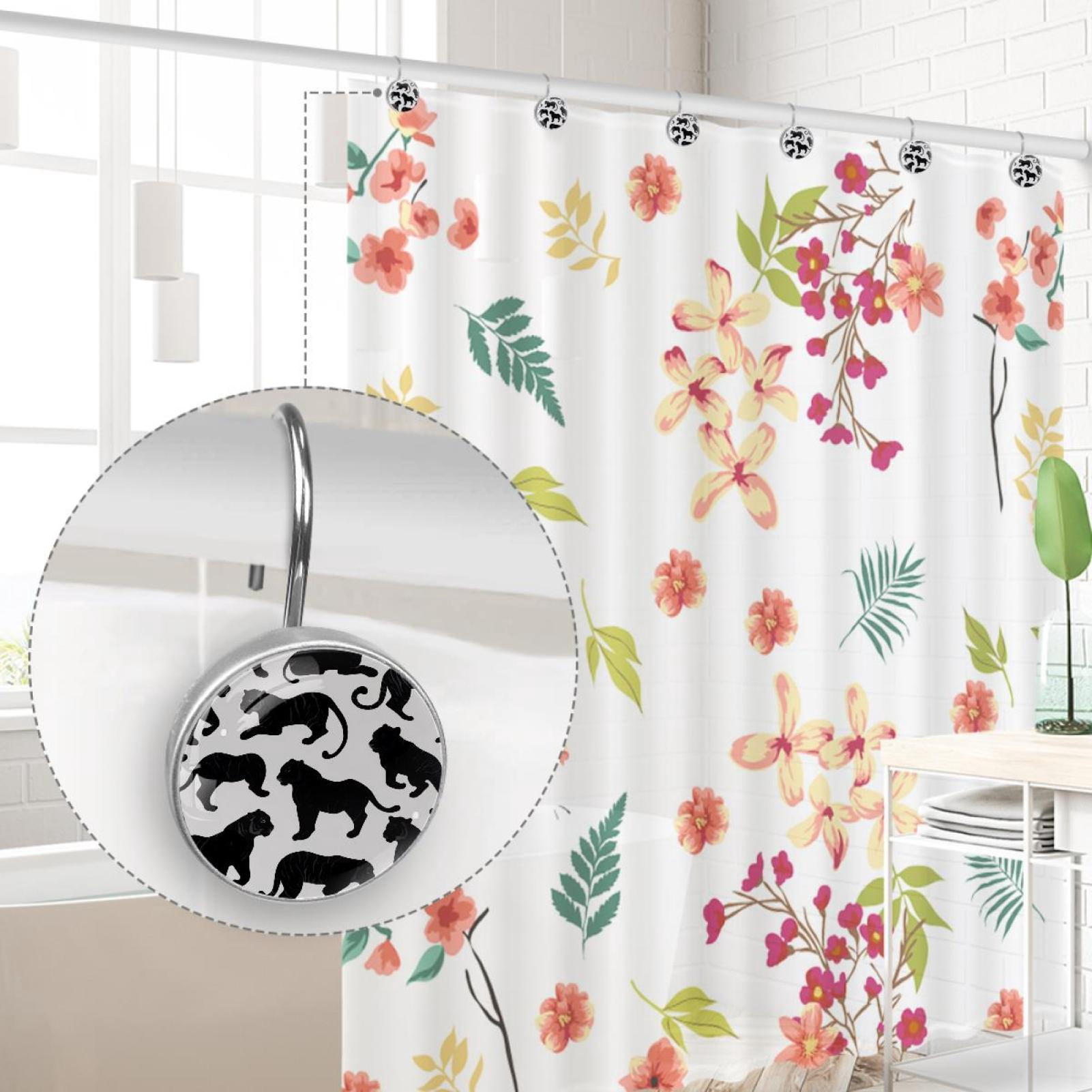 Tigers Silhouette Shower Curtain Hooks Round Crystal Glass, Set of 12 Shower Curtain Rings - Shower Hooks for Curtain Shower Rings