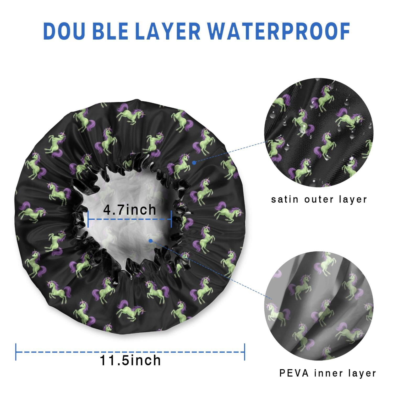 Shower Caps,Black Cartoon Unicorn Pattern Waterproof Shower Cap for Women 4 Pieces,Double Reusable Hair Cover for Shower PEVA Elastic Stretch Hem
