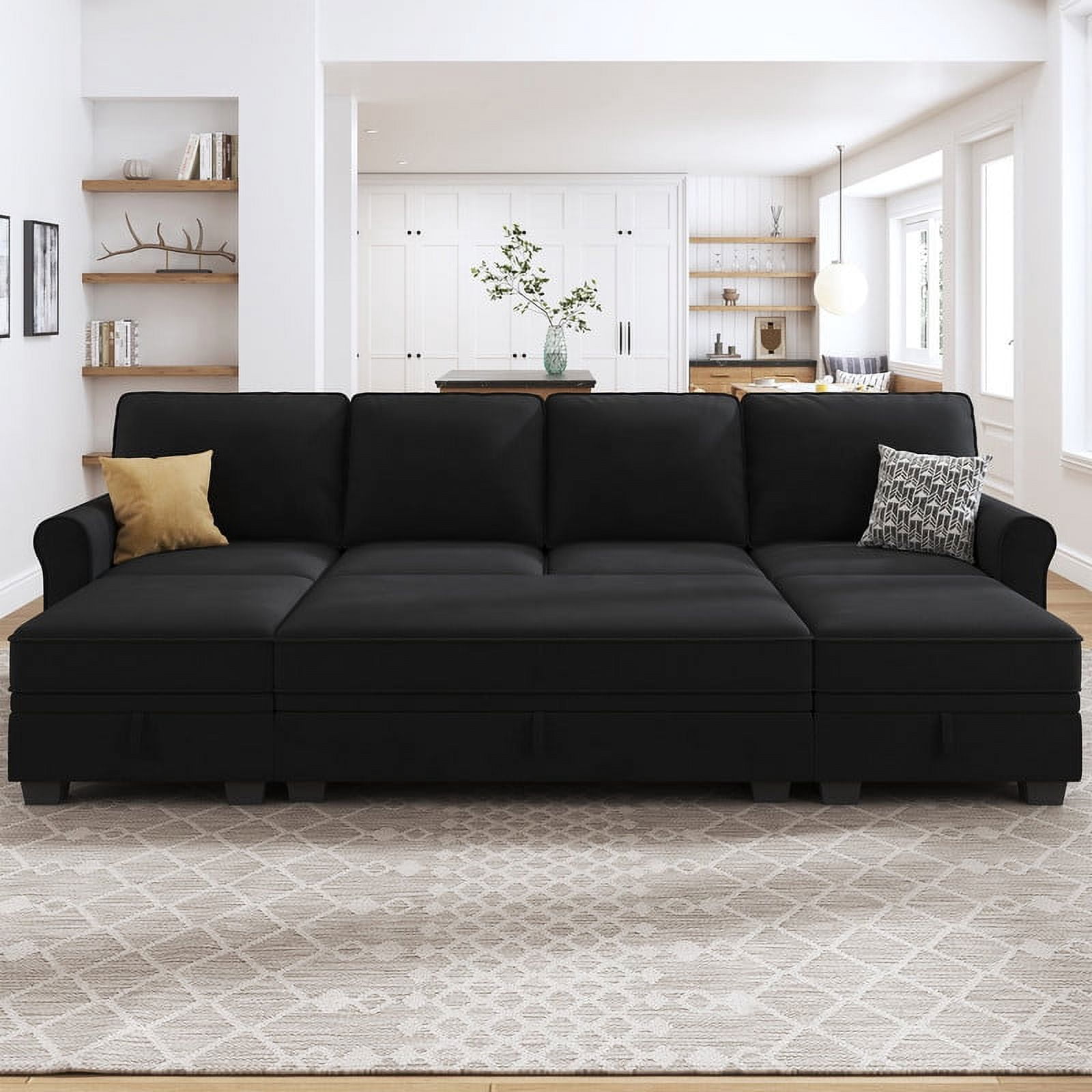 HONBAY 102.4" Upholstery Convertible Sofa Bed with Storage for Living Room Furniture Sets in Black
