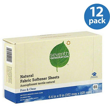Seventh Generation Free & Clear Natural Fabric Softener Sheets, 65 sheets, (Pack of 12)
