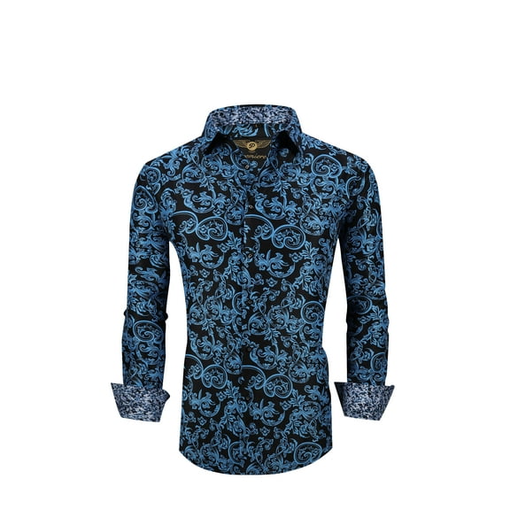 Men PREMIERE Long Sleeve Button Up Dress Shirt Blue Black Paisley