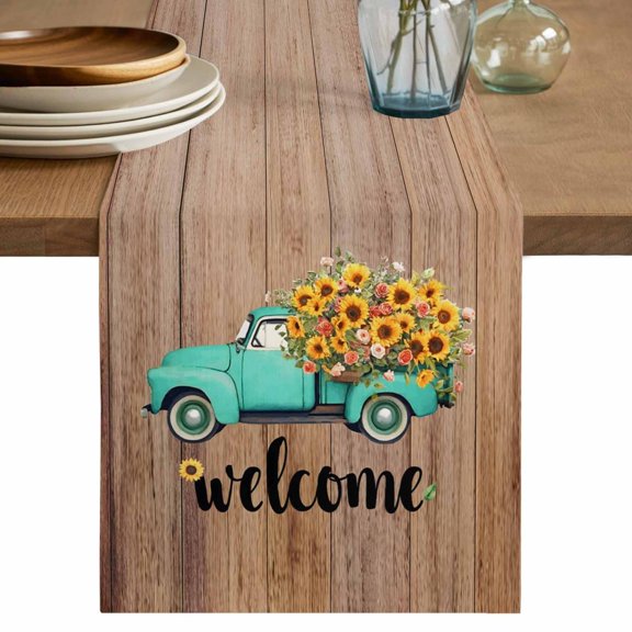 Country Sunflowers Table Runner 72 Inches, Welcome Rustic Truck Floral Farm Brown Bed Runner Dresser Scarves Tabletop for Indoor Outdoor Parties/Ceremony/Banquet, 18" x 72"
