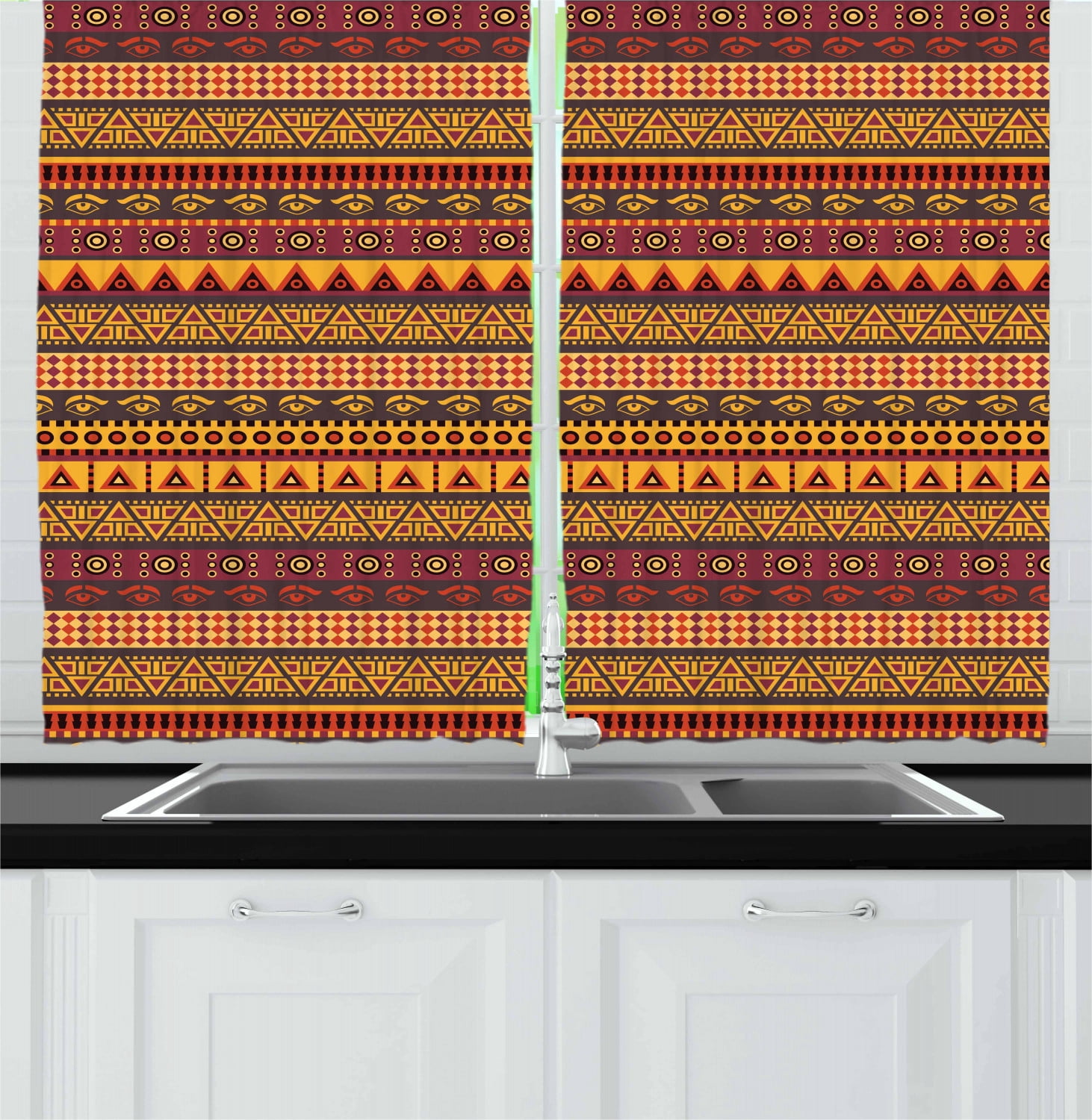 African Curtains 2 Panels Set, Exotic Culture Folkloric Symbols Eye