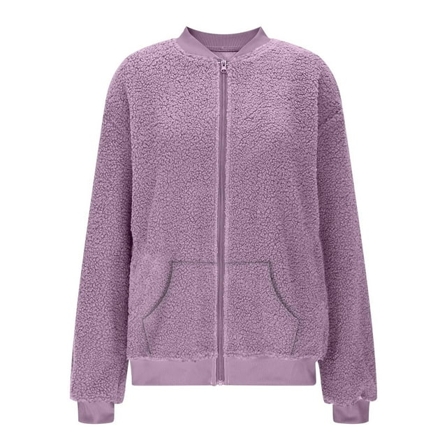 HAiming Womens Zip up Fleece Jacket Long Sleeve Fuzzy Comfy Solid Color Tops Fall Winter Outwear Coat with Pockets