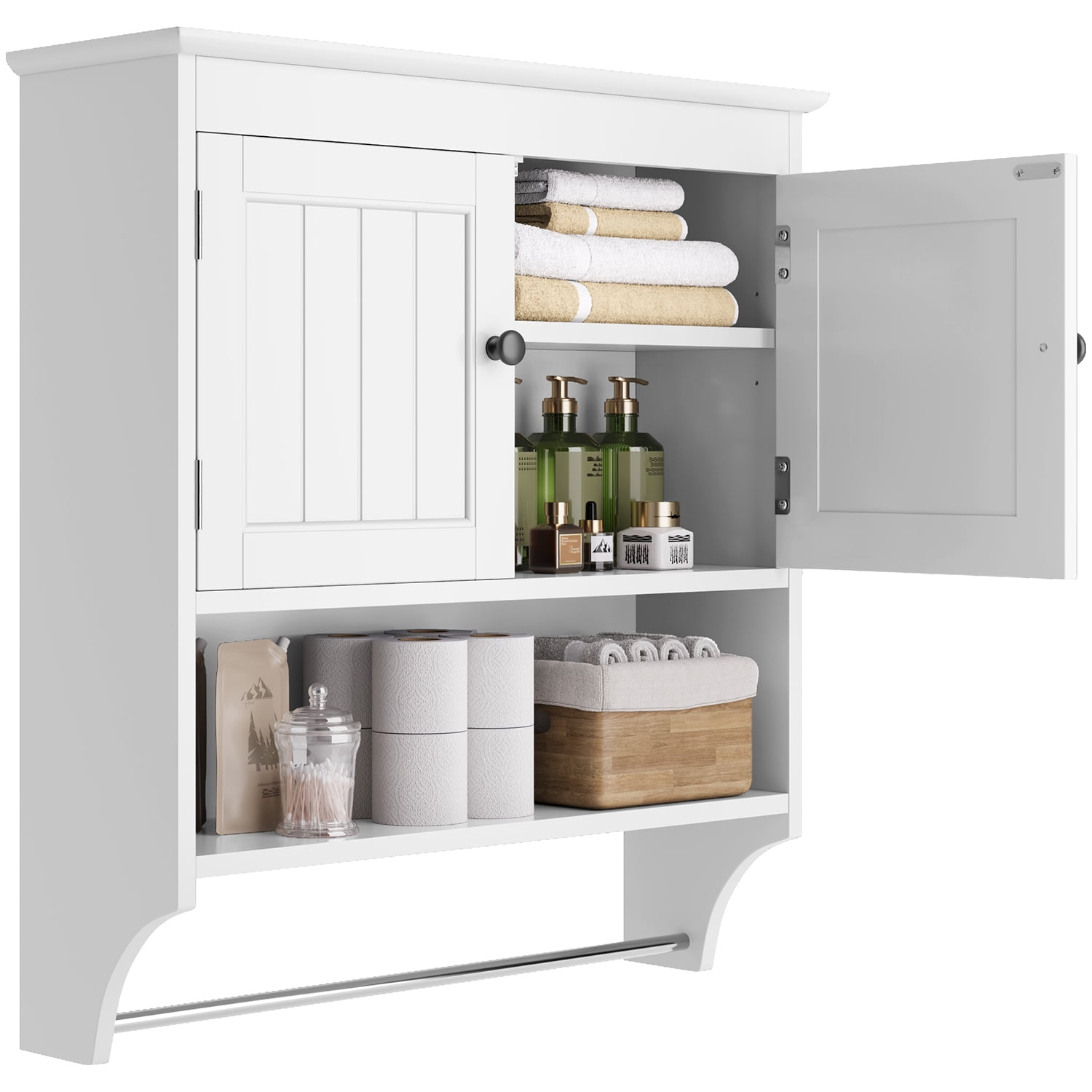 Lofka Bathroom Wall Cabinet, Over the Toilet Storage Cabinet with Double Doors, 1 Adjustable Shelf, 1 Towel Bar, White