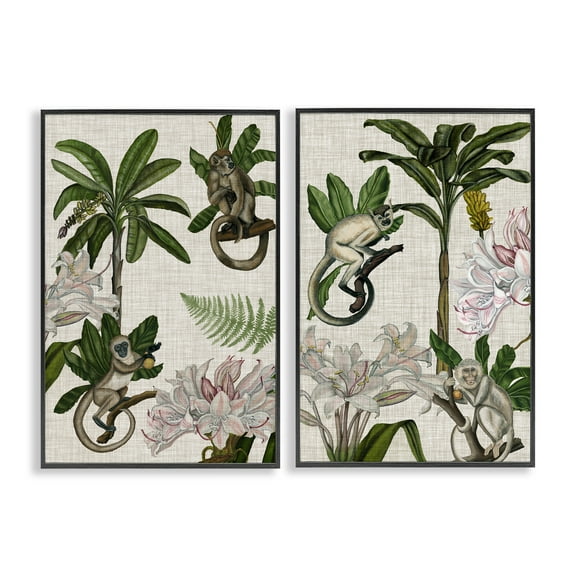 Stupell Industries Tropical Trees & Monkeys Plants & Flowers Painting Black Framed Art Print Wall Art, 12 x 18, Set of 2