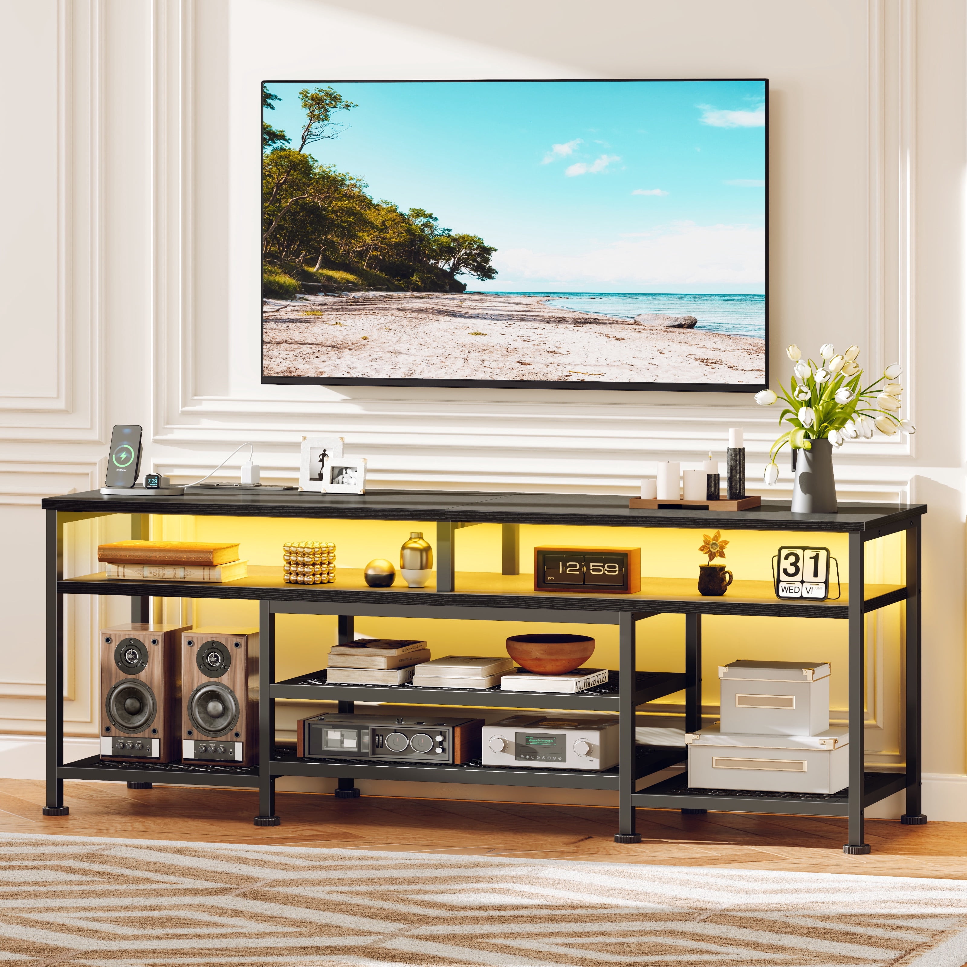 Tydimor Modern TV Stand for TVs up to 70", Media Console with Storage for Living Room, LED Entertainment Center with Outlets, Black