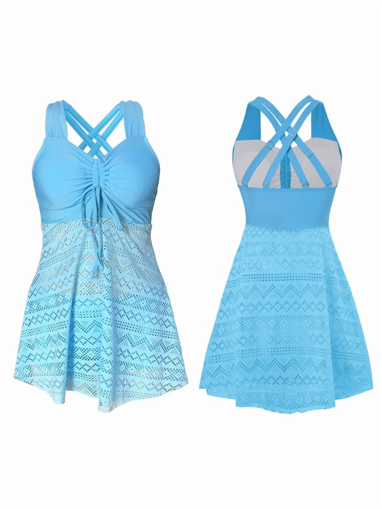 Womens Plus Size High Waist Skirted Swimsuit Tummy Control Lace Mesh Top and Swim Bottoms Light Blue 4XL