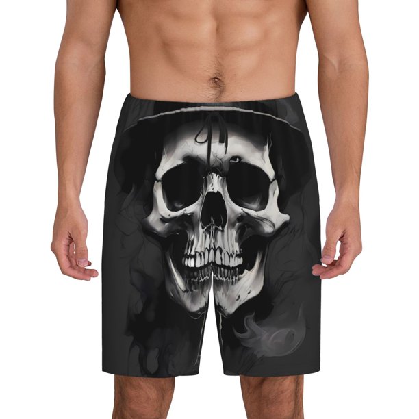 Balery Black White Hat Skull Pantalones cortos de pijama de punto de algodón para hombre con cinturilla y bolsillos-Medium