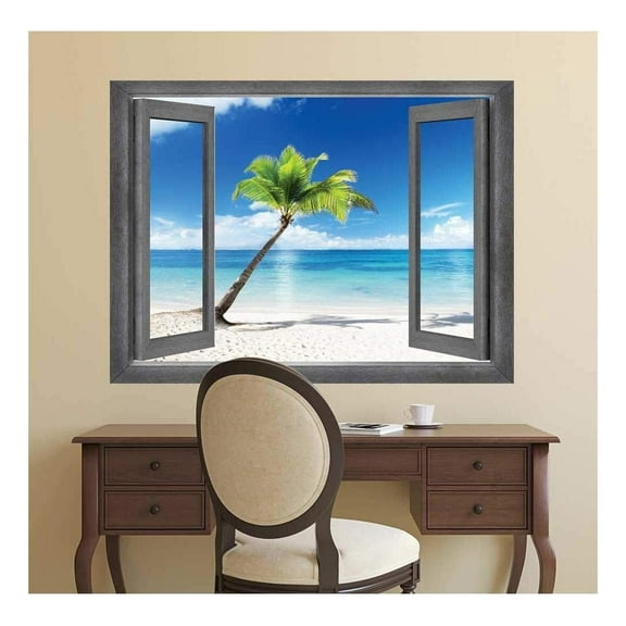wall26 - Open Window Creative Wall Decor - A Lone Palm Tree Set Before a Crystal Blue Ocean - Wall Mural, Removable Sticker, Home Decor - 24x32 inches