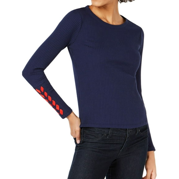 maison Jules Womens Lace Sleeve Pullover Blouse, Blue, Small