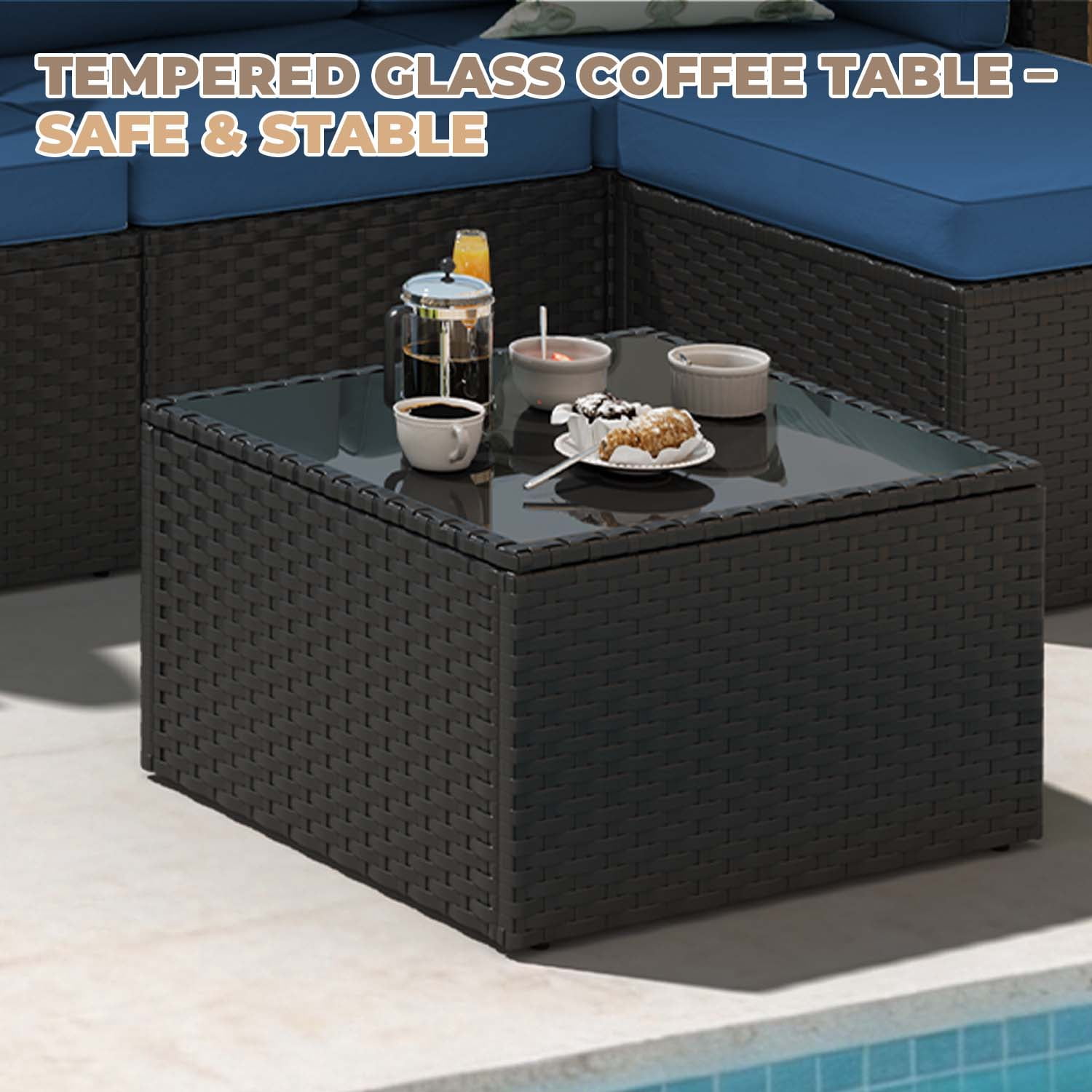 BaPiPro 5 Piece All-Weather PE Rattan Modular Patio Furniture Set, Sectional Conversation Sofa with Thick Removable Cushions & Tempered Glass Coffee Table for Backyard Poolside Garden, Navy Blue