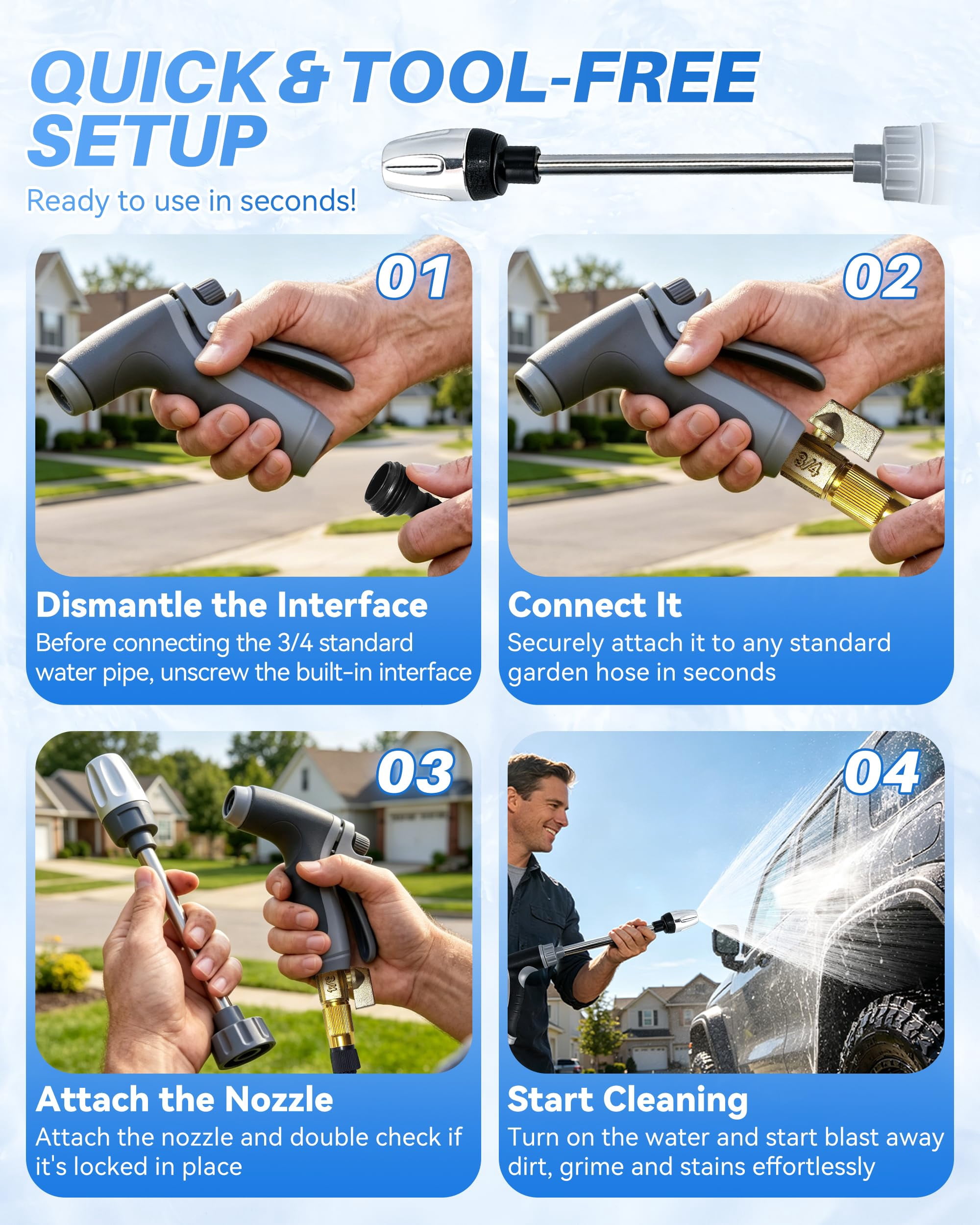 Garden Hose Nozzle Spray Gun, 360° Rotatable High Pressure Cleaner, 3 Adjustable Spray Modes, Fit 3/4" US Standard Hose