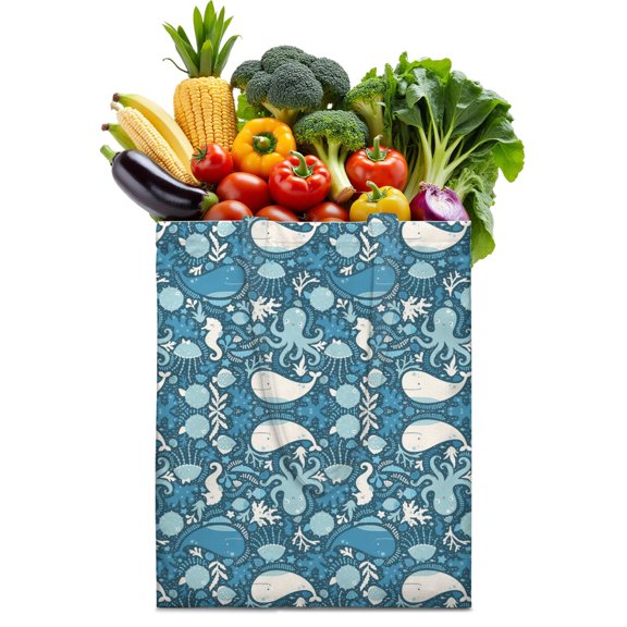 Reusable Shopping Tote Bag with Tropical Fish & Ocean Life Print - Foldable, Washable & Eco-Friendly Grocery Bag - 16" x 15" Large Capacity Beach Tote