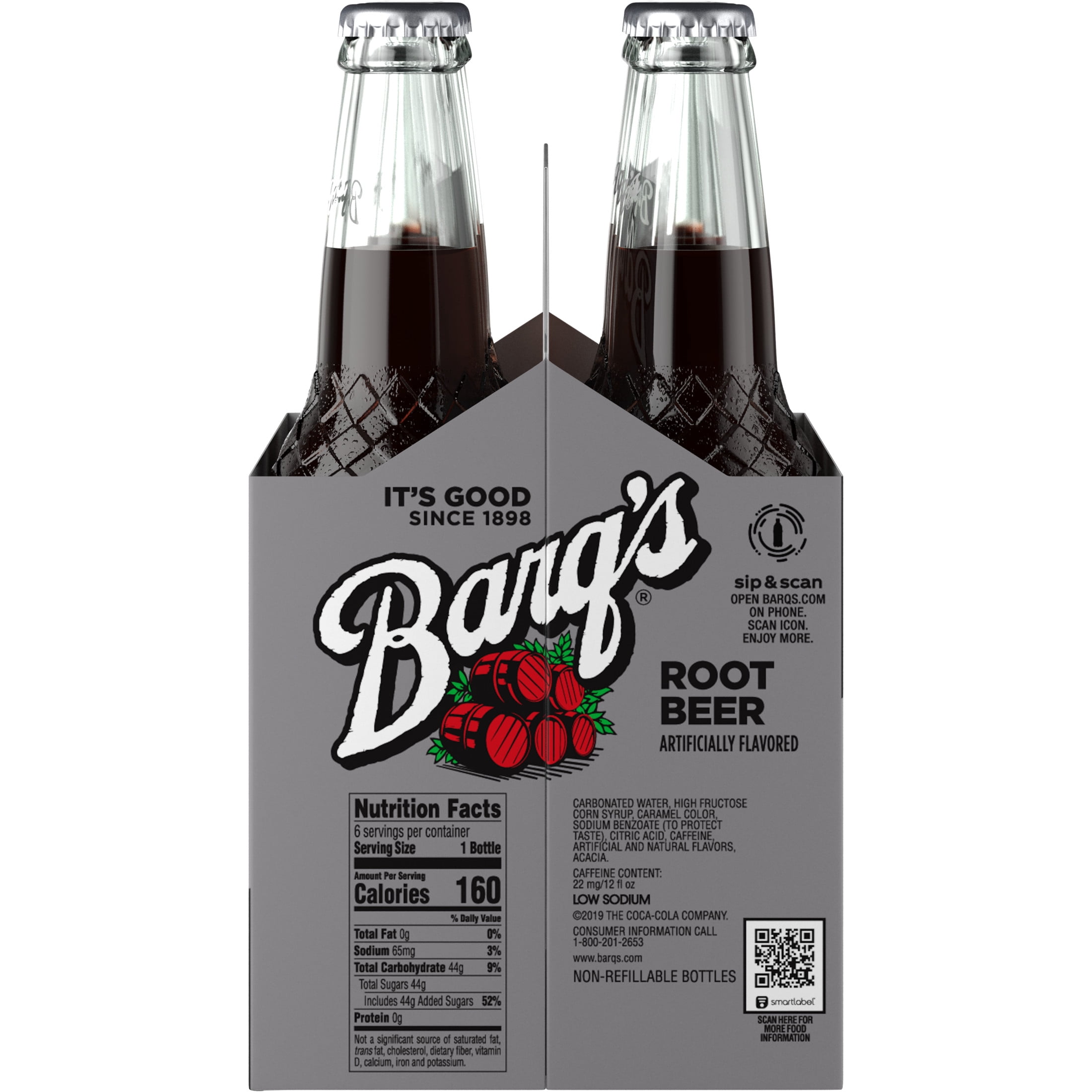 Barq's Root Beer Soda Pop Glass Bottles, 12 fl oz, 6 Pack