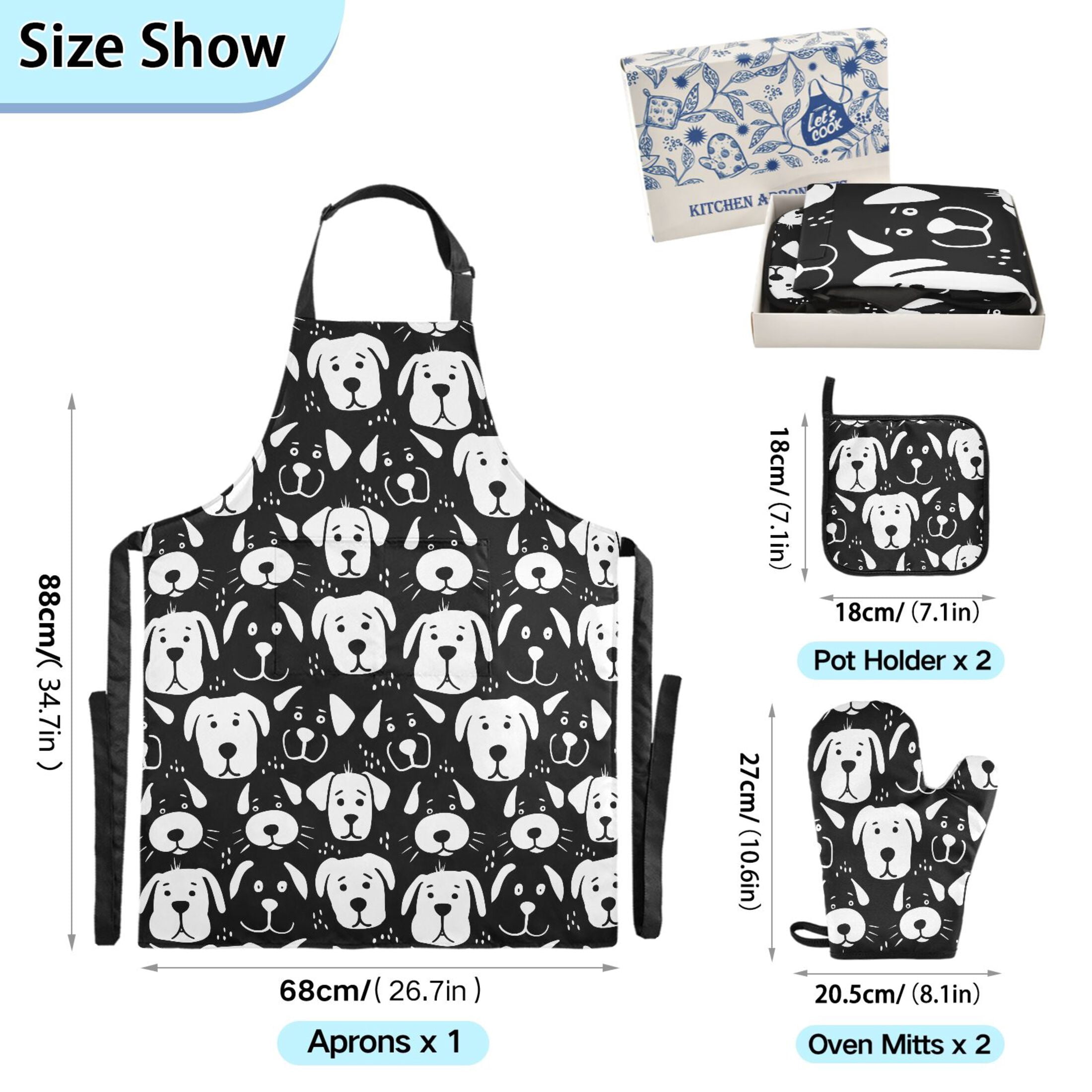 5 Pcs Kitchen Set Heat Resistant Oven Mitts and Non-Slip Pot Holders with Adjustable Cooking Apron Black White Dog Face
