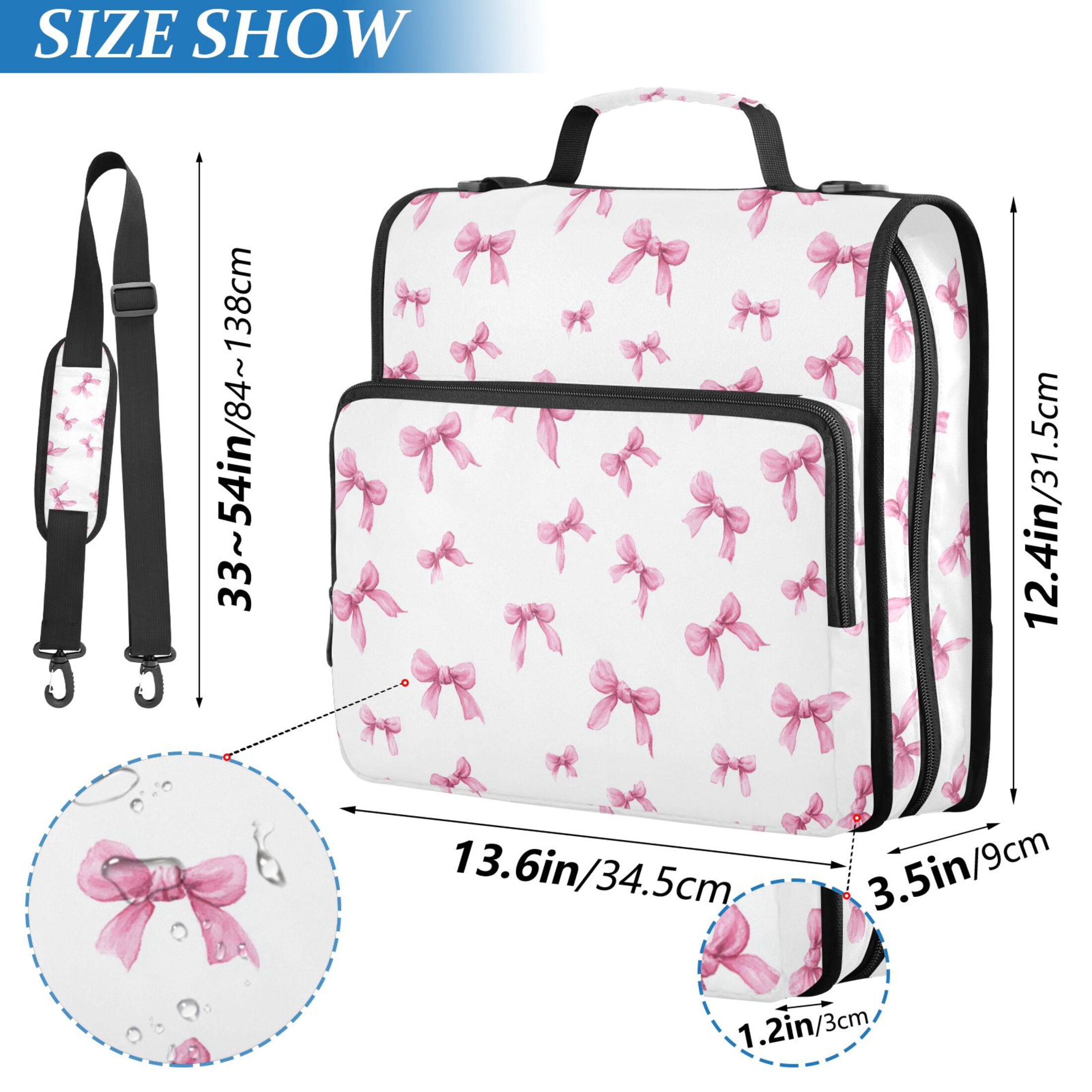 Zipper Binder Pink Bow 1.5 Inch Binder Folder Bag with Shoulder Strap and Handle