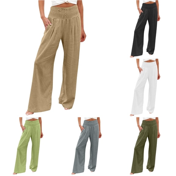 DHFJKG Wide Leg Pants For Women High Smocked Waist Flowy Palazzo Pants With Pockets Casual Summer Clothes