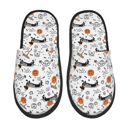 Balery Halloween Dachshund Slient Indoor Furry Fleece Comfort House Shoes Soft Non-Slip Home Shoes Cotton slippers House Slippers-- Medium