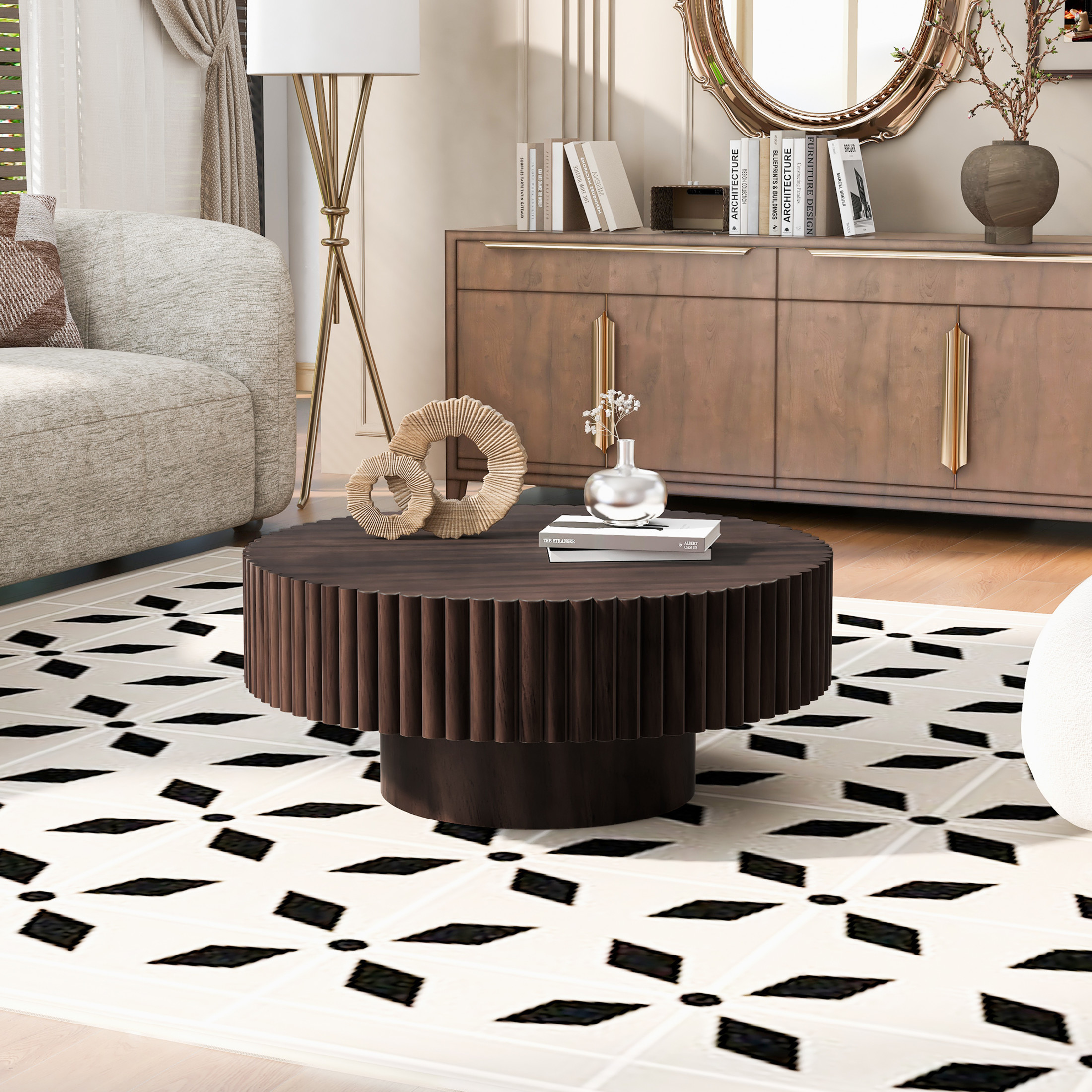 Noble House 31.5" Round Fluted Drum Coffee Table, Solid Wood Modern Center Table for Living Room, Espresso
