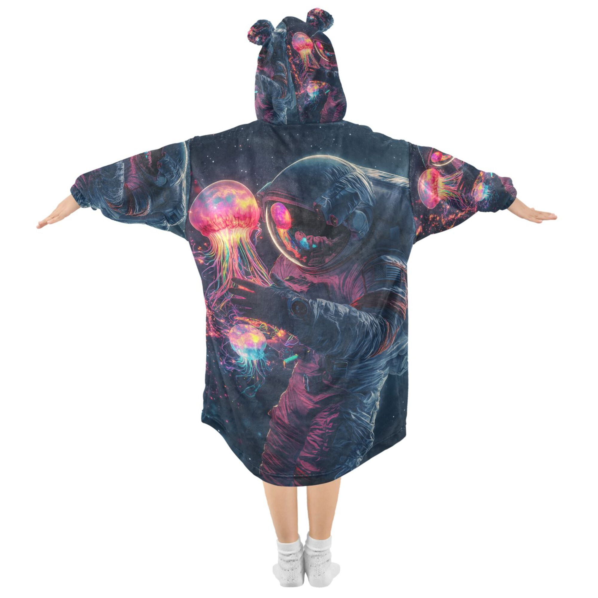 FORMRS Wearable Blanket Hoodie with Sleeves for Kids Cozy Flannel Sweatshirt, Glowing Jellyfish