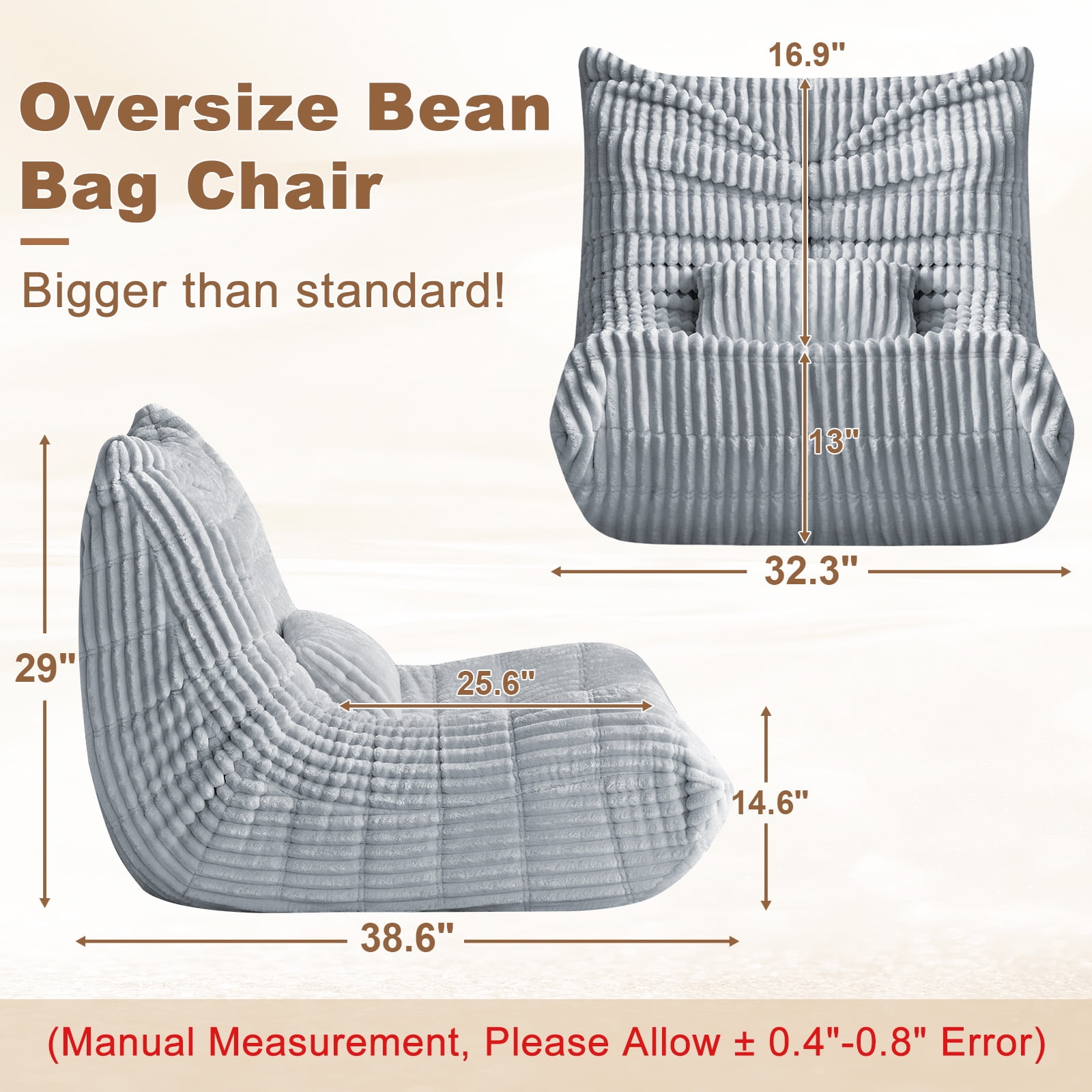 Bean Bag Chair for Adults with Lumbar support pillow Memory Foam Giant Bean Bag Sofa with Corduroy Material Lazy Sofa for Living Room Bedroom Dorm Office, Grey