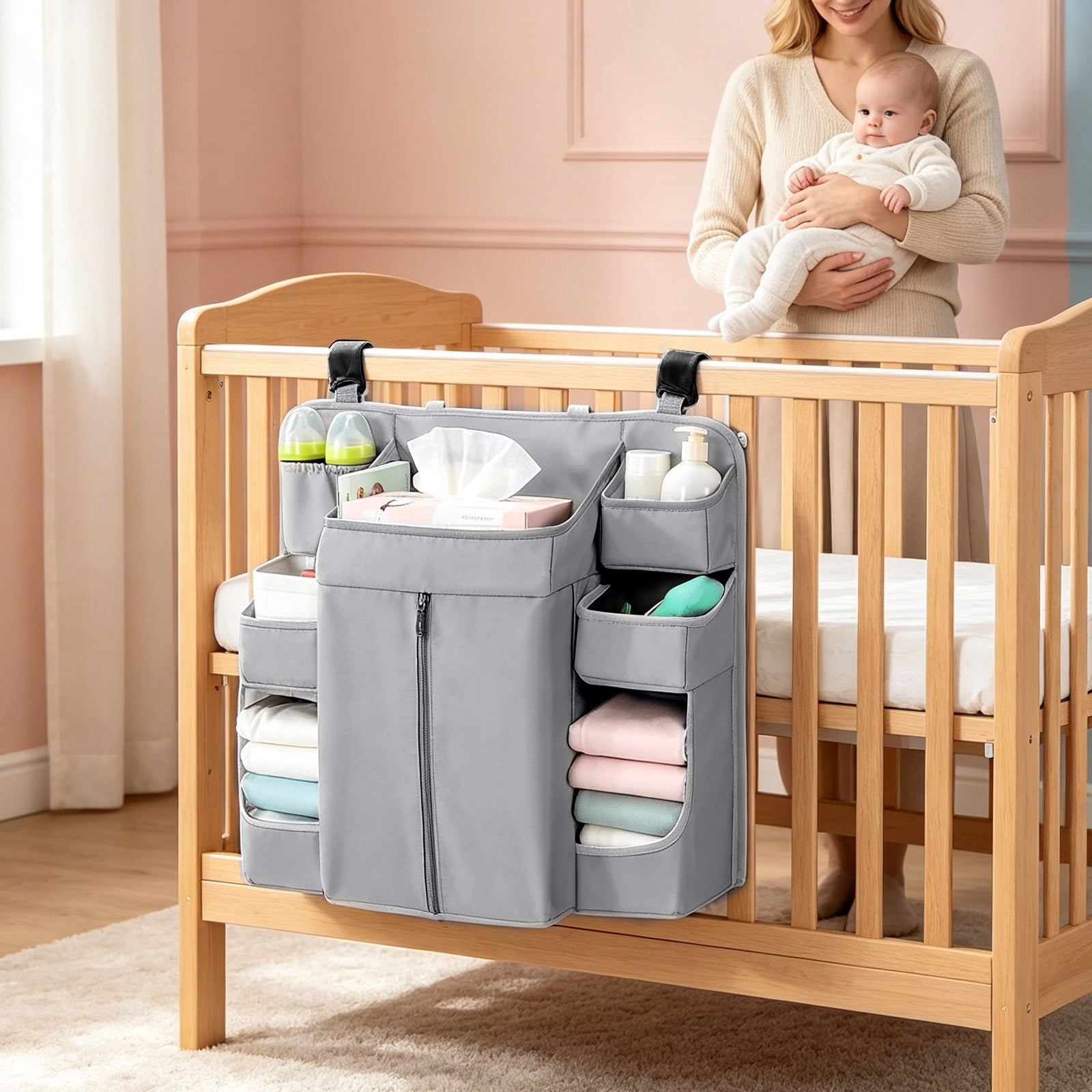 Snmubt Dark Gray Nursery Storage Rack, Hanging Diaper Organizer Bag for Crib, Waterproof Oxford Multi-Pocket for Portable Changing Table