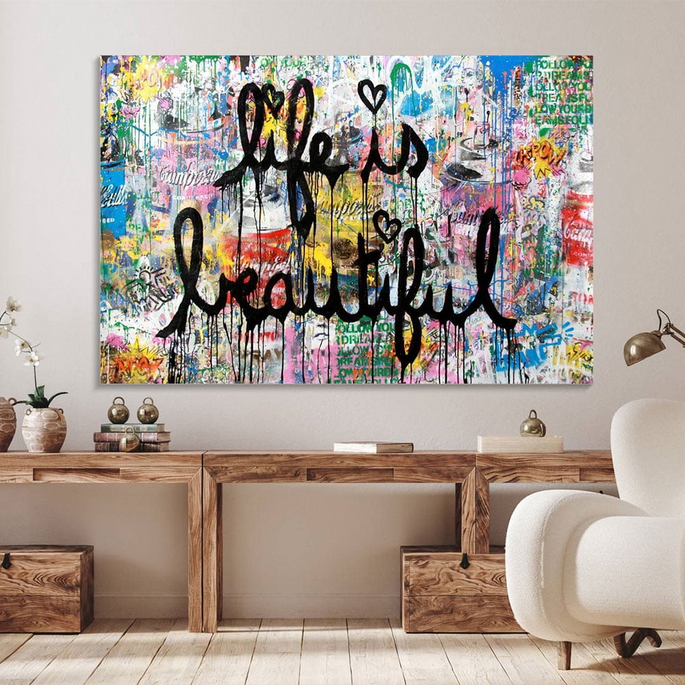 Banksy Canvas Wall Art Life is Beautiful Graffiti Abstract Painting Posters and Prints for Home Decor Living Room Office, Framed Ready to Hang(40" W x 30" H，Framed)