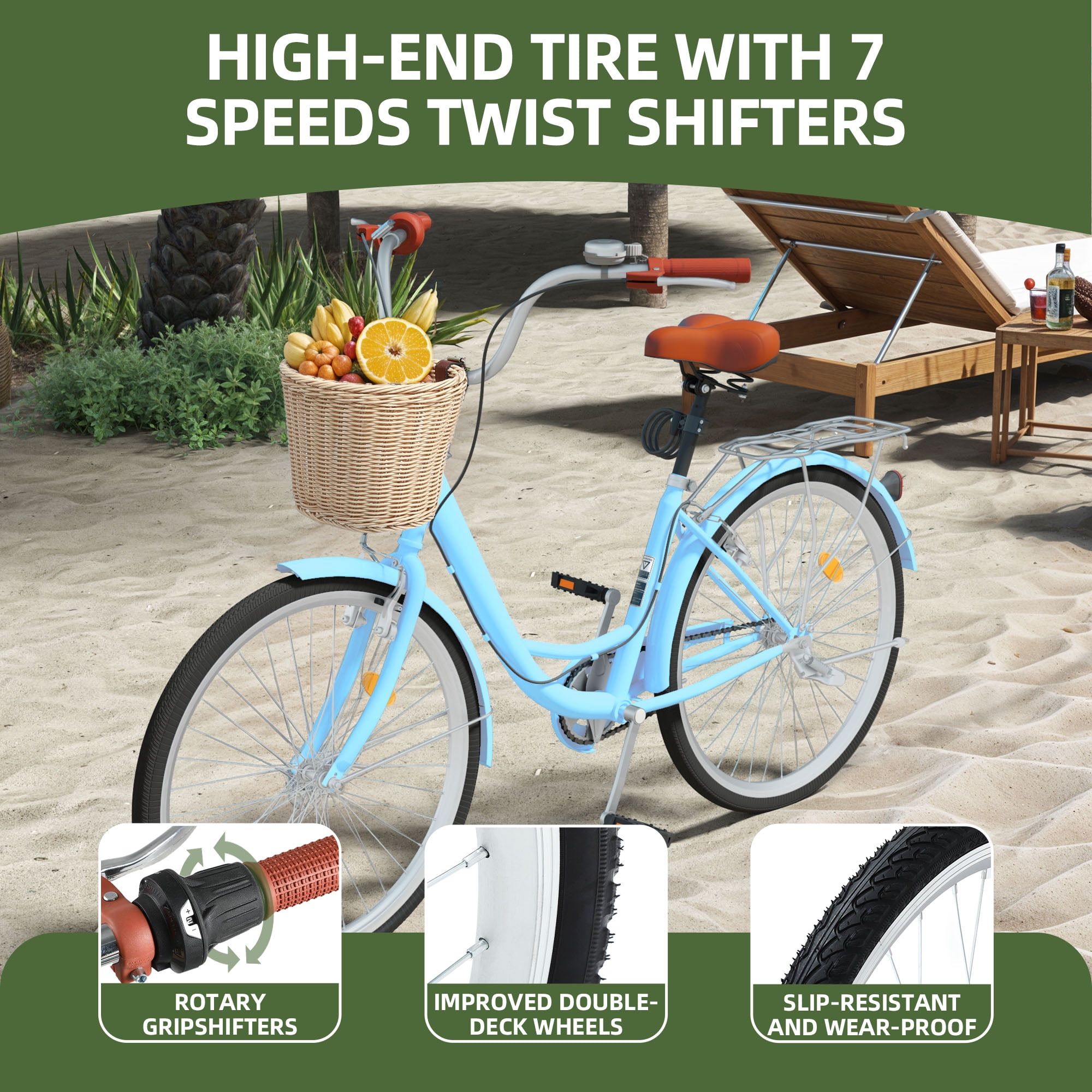 Uforic 24" Beach Cruiser Bike for Women, 7-Speed Adjustable Seat Bike Bicycle for Adult City Commuter, Blue