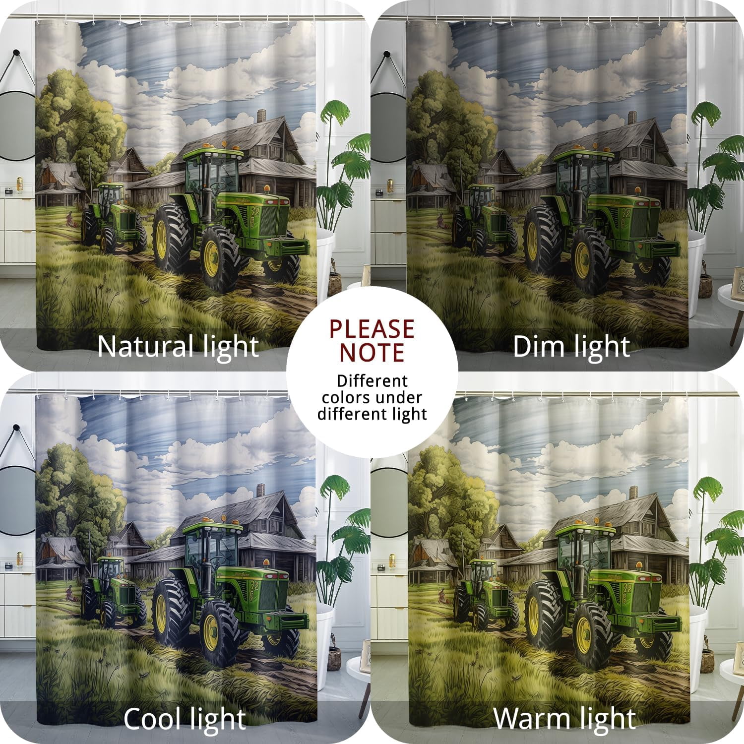 Farm  Tractor Shower Curtain Set, Watercolor Country Tractor Shower Curtain Farmhouse Tractor Bathroom Decor Polyester Fabric-72" x 72"