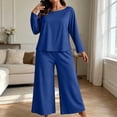 thumbnail image 5 of Hzzrkos Women Casual Plus Size Loose Solid Color Round Neck Long Sleeve Two Piece Wide Leg Loungewear Pajama Set, Soft Relaxed Sleepwear Outfit For Indoor Daily Rest Blue XXL, 5 of 8