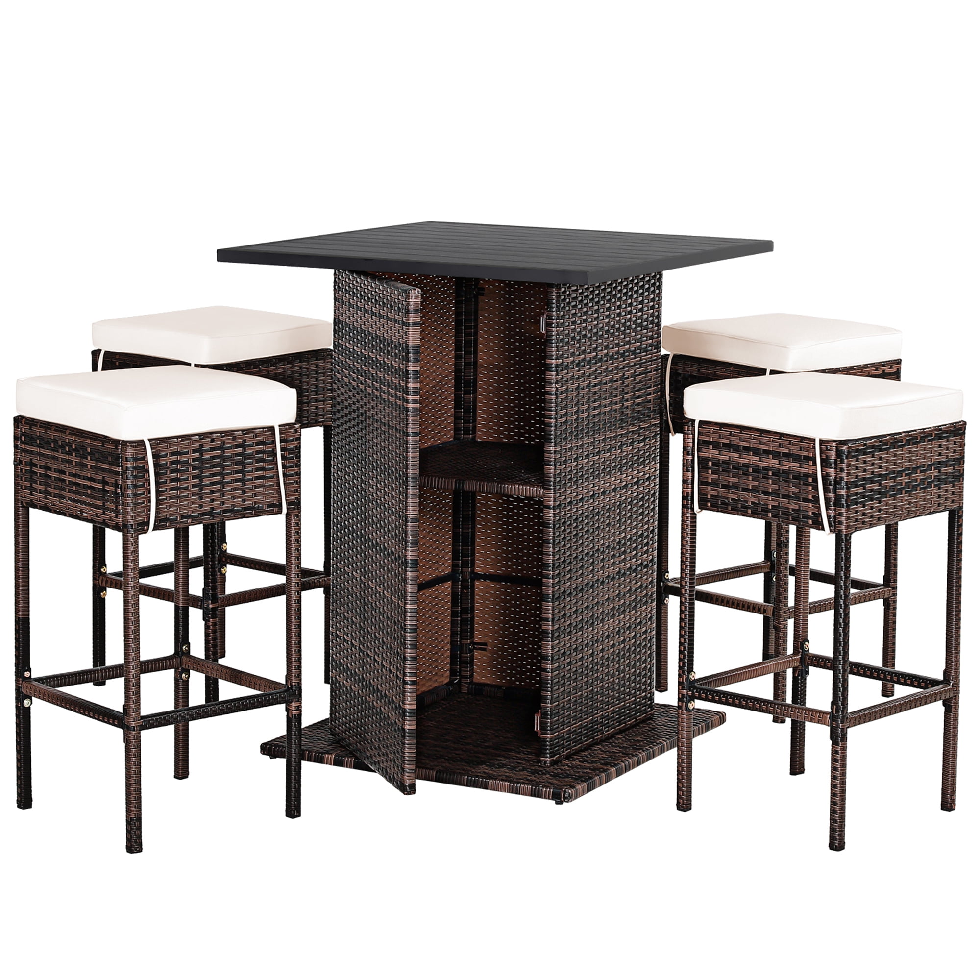 Gymax 5PCS Patio Bar Set Rattan Bar Furniture Set w/ Table & 4 Cushioned Stools