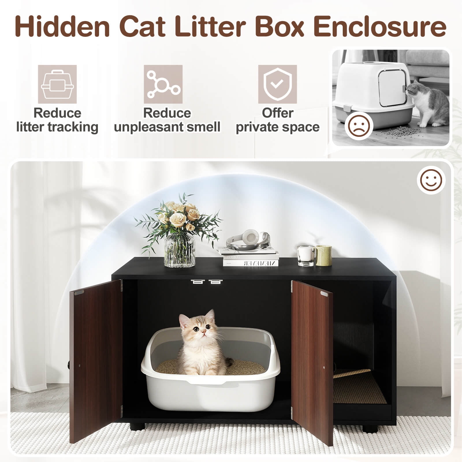 Costway Wooden Cat Litter Box Enclosure, Hidden Litter Box Furniture with Scratching Board Black