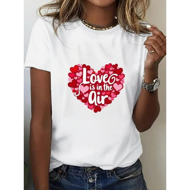 Camiseta romántica de manga corta con estampado de corazón rojo y lazo para San Valentín para mujer - SweetChic, ideal para citas y uso diario. Camiseta de algodón lavable a máquina. Para adultos, hom