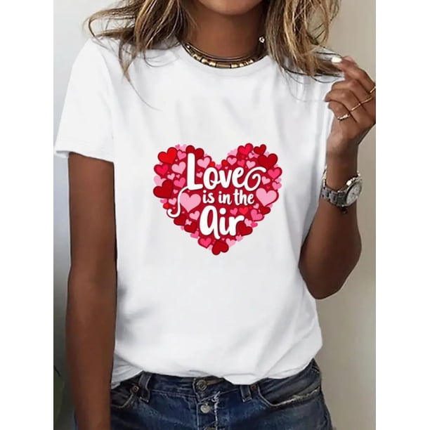 Women's Romantic Valentine's Day Red Heart & Bow Print Short Sleeve T-Shirt - SweetChic, Ideal for Dates & Daily Wear, Machine Washable Polyester Tee For Adult, Men, Women, Teen, Teenager, Adolescent