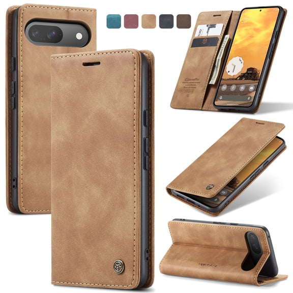 Feishell Slim Wallet Phone Case for Google Pixel 9 / 9 Pro,Premium PU Leather Magnetic Closure Folio ID Credit Card Slots Shockproof Protective Flip Kickstand Phone Cover,Brown