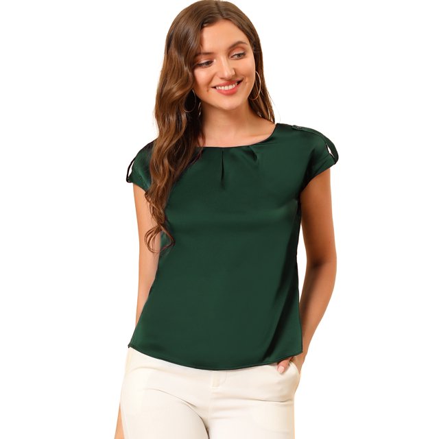 Unique Bargains Blouse Soyeuse à Manches Courtes pour Femmes Col Rond Plissé Décontracté Élégant Haut Chemise Vert S