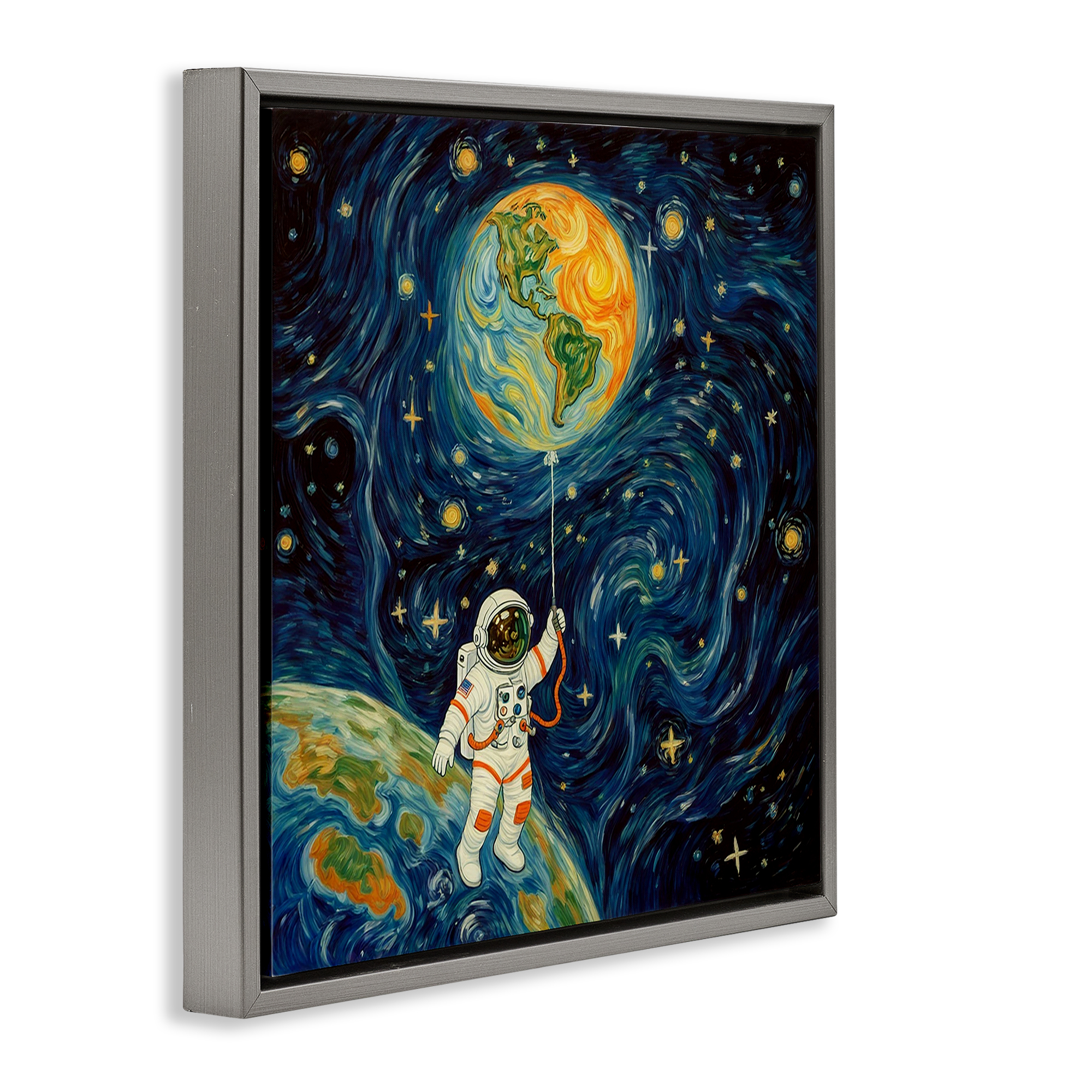 Astronaut with Earth Balloon Gray Framed Floater Canvas Wall Art, design by Angie Hawke