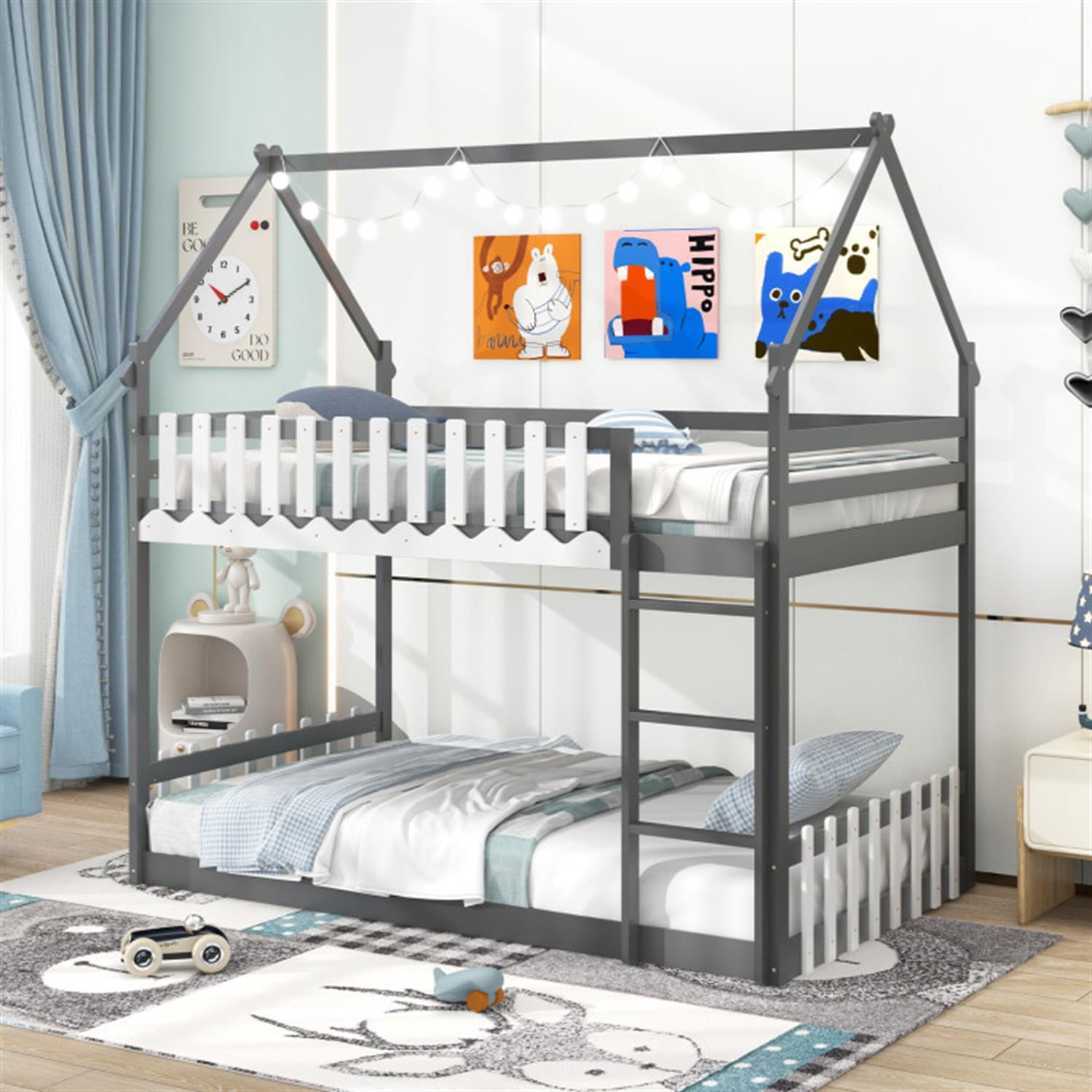 Demi Bonn Twin Over Twin Bunk Bed with Fence and Ladder, Twin Bunk Solid Wood Low Beds, Bed Frame, Gray