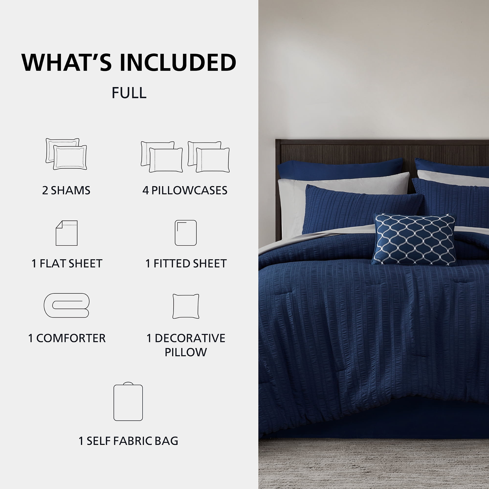 Mainstays All in One Reversible Comforter and Sheet set- 11 Piece, Full, Navy Seersucker