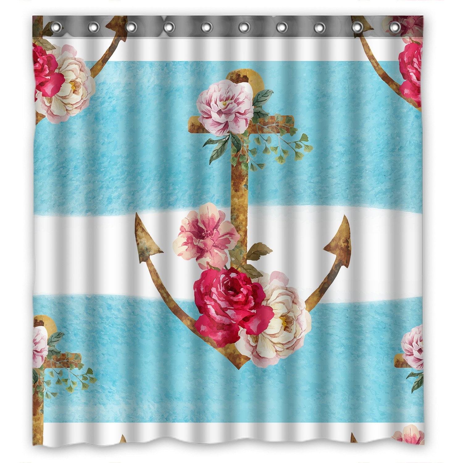 PHFZK Nautical Theme Shower Curtain, Watercolor Blue Stripes Anchor