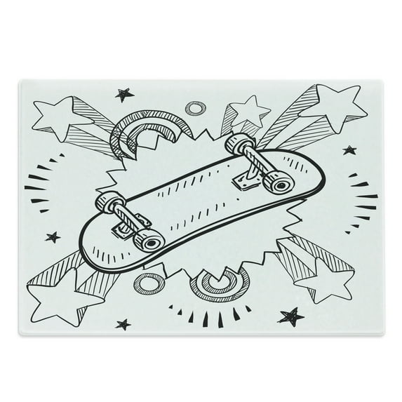 Hipster Cutting Board, Sketch of a Skateboard Sixties and Seventies Style Pop Art Inspired Background, Decorative Tempered Glass Cutting and Serving Board, Large Size, Black White, by Ambesonne