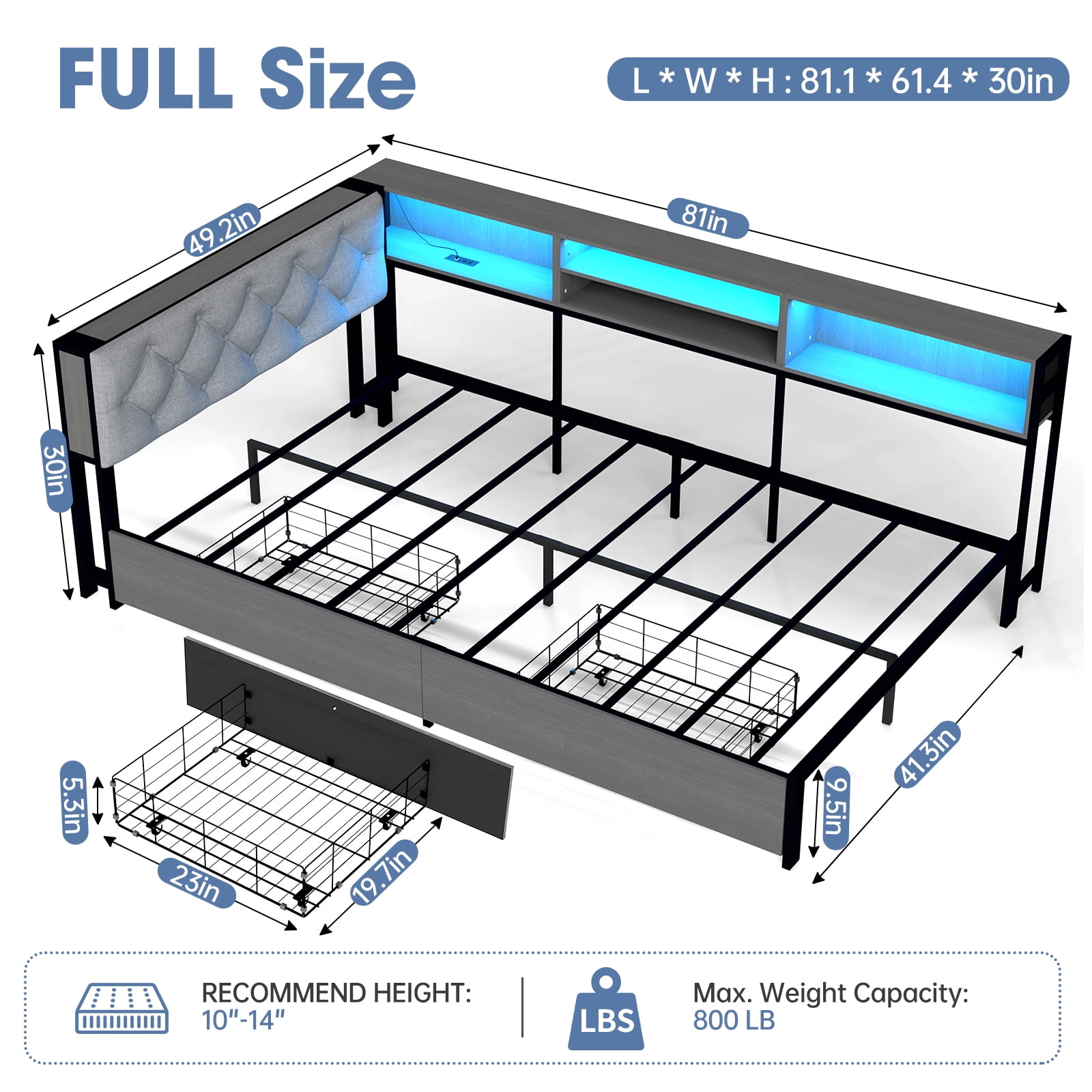 Leumius Full Size Corner Daybed Frame, Upholstered Headboard with Bookcase Storage, 2 Drawers LED Lights & Charging Station, Noise‑Free Metal Bed Frame Gray